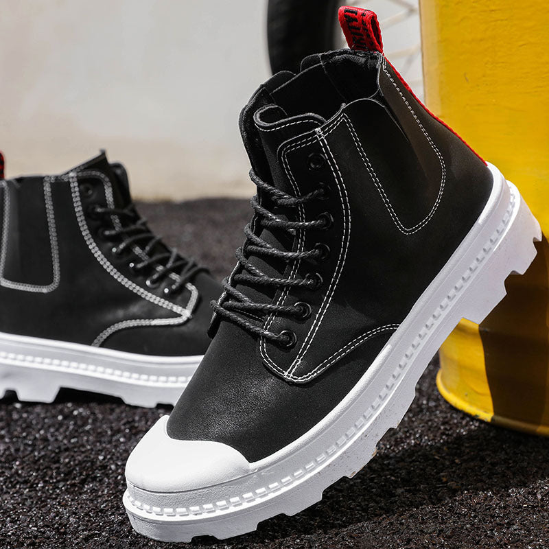 Summer New Martin Boots Men's Trendy All-Match Tooling Boots Korean Style Trendy Leather Boots High-Top Thick-Soled Men's Shoes