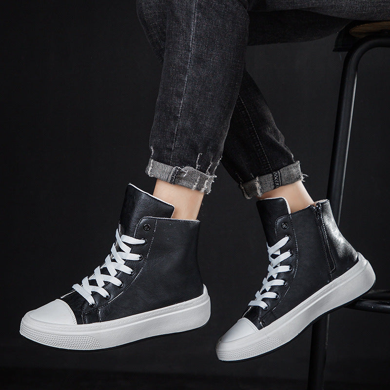 New Men'S High-Top Shoes, Waterproof Leather, Korean Casual Shoes, Personality Fashion All-Match Trendy Shoes