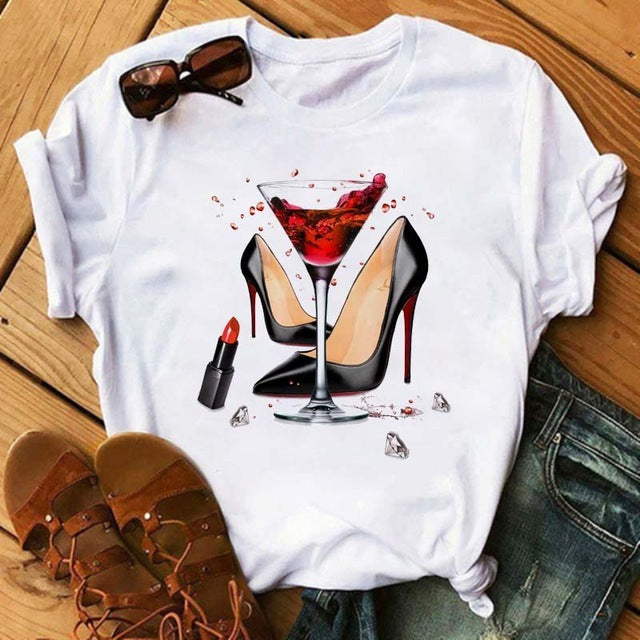 Women'S Wine Glass High Heels Printed Dress