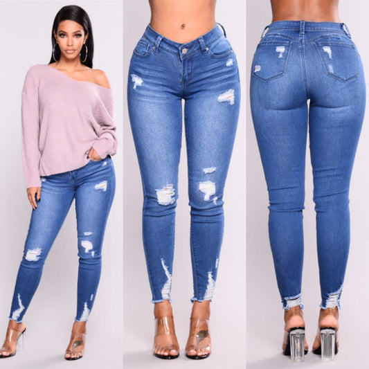 European And American Stretch Ripped High-Waisted Jeans