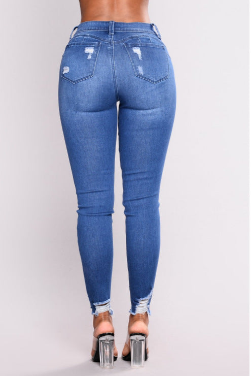 European And American Stretch Ripped High-Waisted Jeans