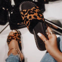 Flat Bottom Casual Leopard Print One-line Rhinestone Women Sandals And Slippers