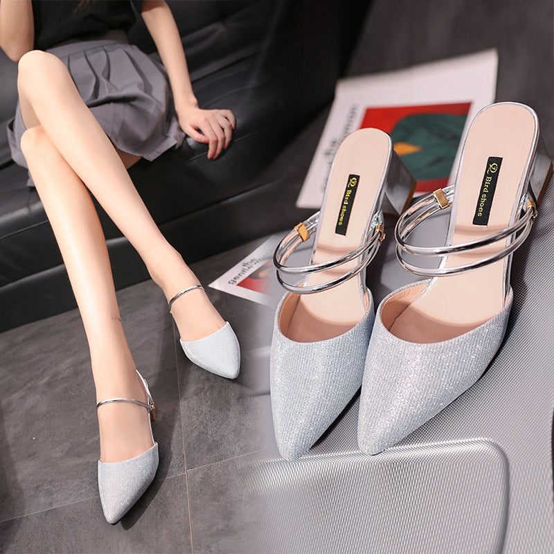 Pointed Toe Cap Frosted Shiny Surface Thick Heel Two-wear Women's Sandals