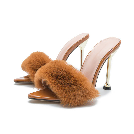 Plating Stiletto High-heeled Rabbit Fur Women Sandals