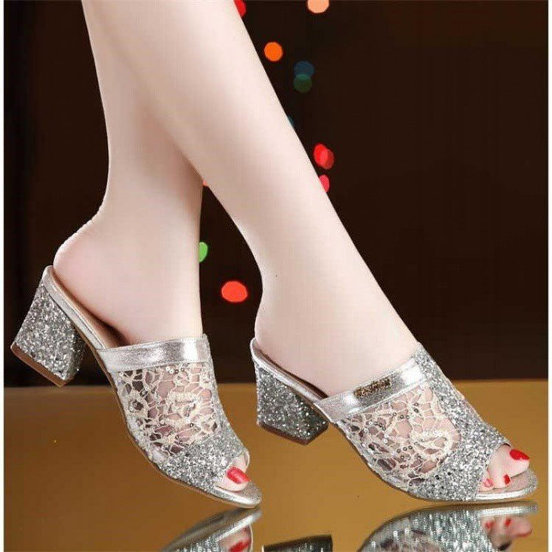 Mules Heeled Sandals Mules Sparkly Sequin Chunky Heel Peep-toe Lace Shoes Daily Party