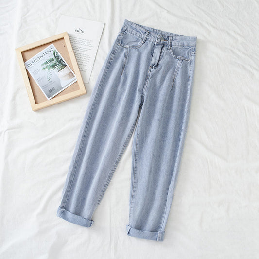 Cute Children'S Fun Graffiti Wash Light Blue High Waist Loose Thin Simple Casual Versatile Straight Jeans