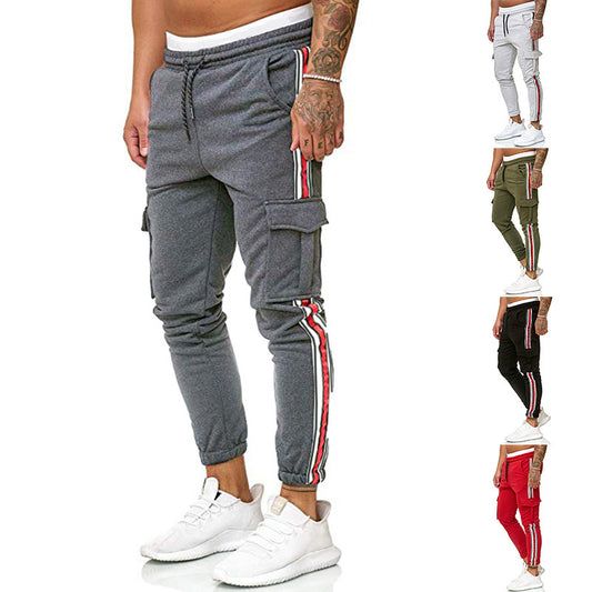 New Style Men's Drawstring Knee Pocket Design Striped Sports Trousers Casual Pants