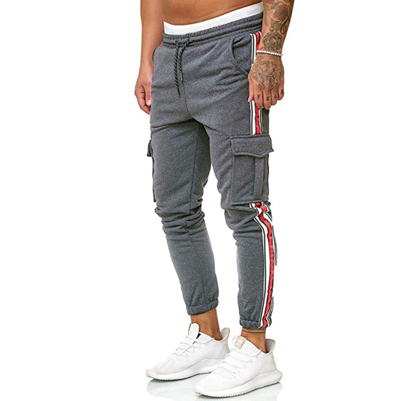 New Style Men's Drawstring Knee Pocket Design Striped Sports Trousers Casual Pants