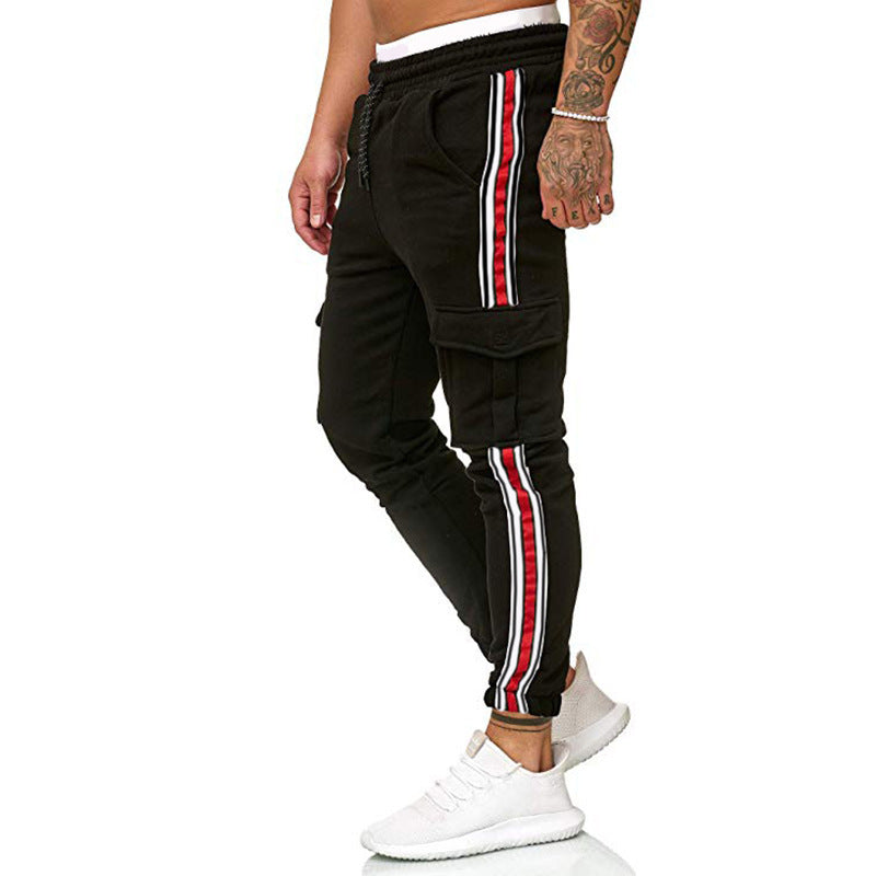 New Style Men's Drawstring Knee Pocket Design Striped Sports Trousers Casual Pants