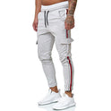 New Style Men's Drawstring Knee Pocket Design Striped Sports Trousers Casual Pants