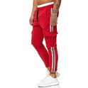 New Style Men's Drawstring Knee Pocket Design Striped Sports Trousers Casual Pants