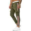 New Style Men's Drawstring Knee Pocket Design Striped Sports Trousers Casual Pants