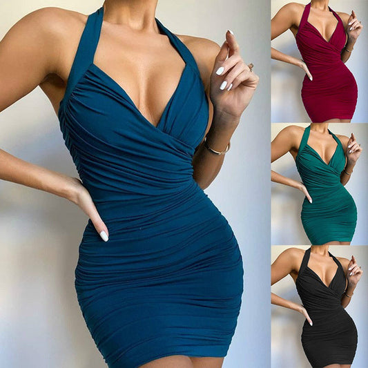 New Fashion Solid Color V-neck Halterneck Dress