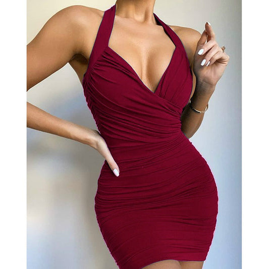 New Fashion Solid Color V-neck Halterneck Dress