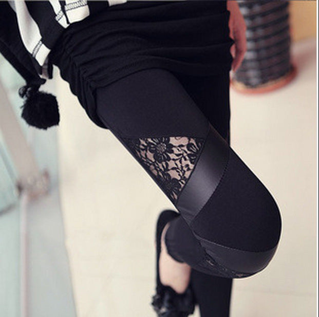 Lace And Leather Hollow Thin Leggings