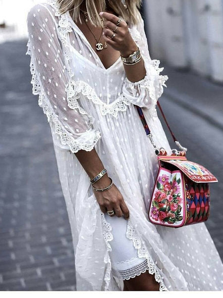 Hedging Temperament Commuter Lace Solid Color Polka Dot Jacquard Blouse Long Skirt