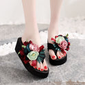 Fashion High-heeled Platform Flip Flops Flower Wedge Beach Shoes