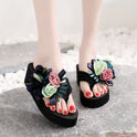 Fashion High-heeled Platform Flip Flops Flower Wedge Beach Shoes