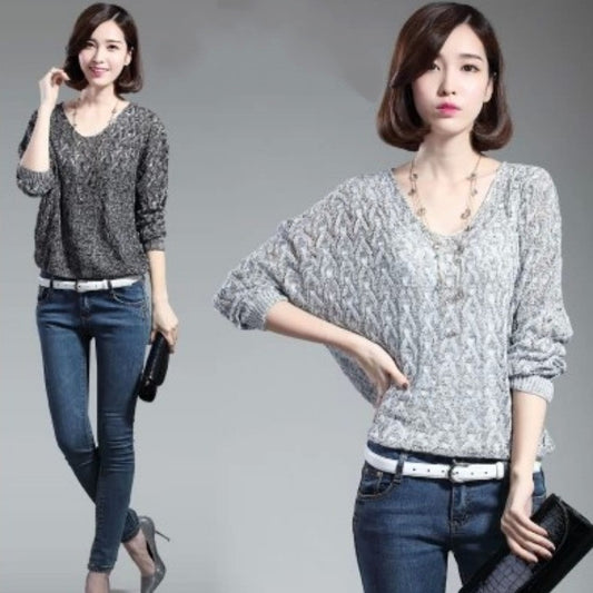 New V-Neck Long-Sleeved Sweater Women Loose Twist Hollow Bat Sleeve Jacket