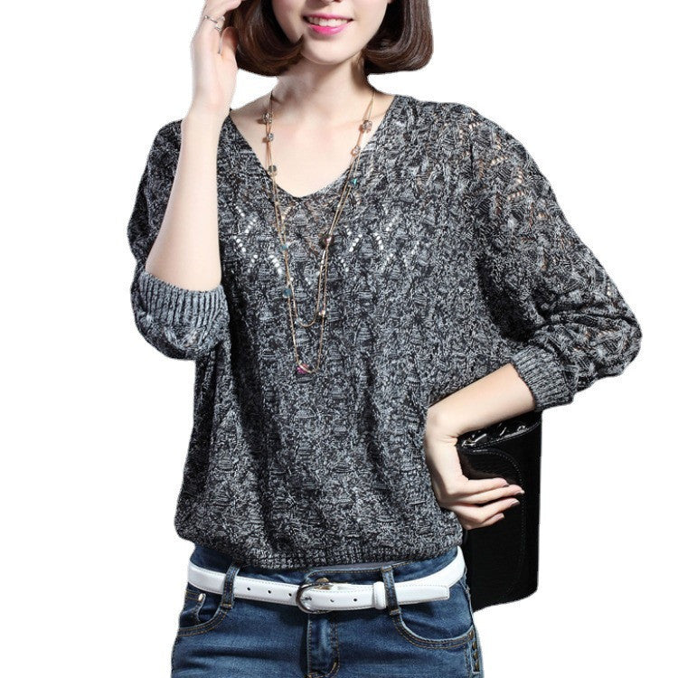 New V-Neck Long-Sleeved Sweater Women Loose Twist Hollow Bat Sleeve Jacket