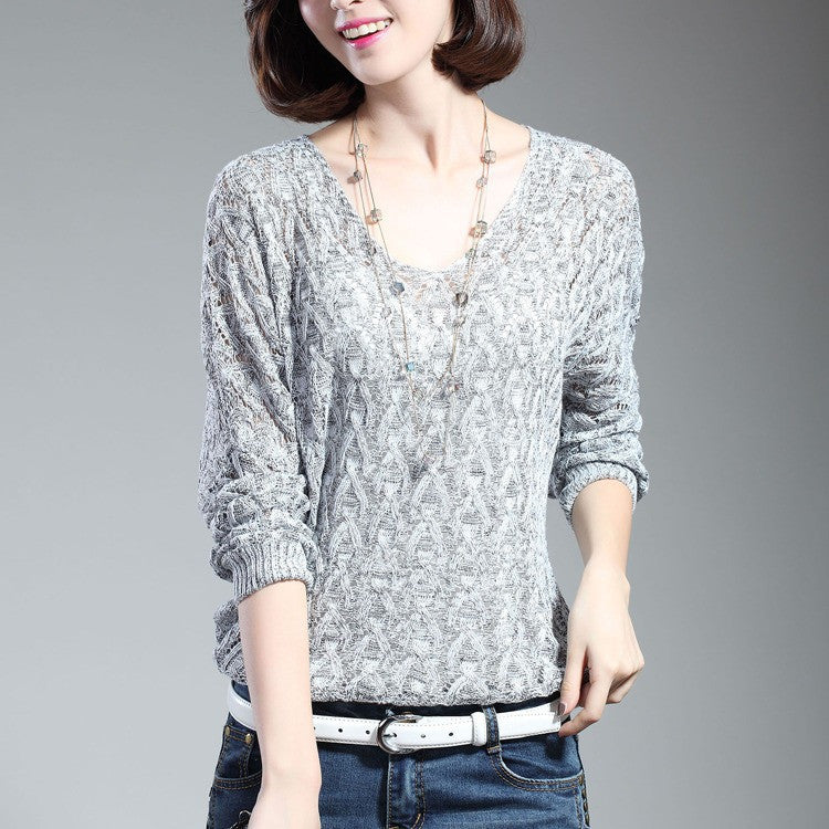 New V-Neck Long-Sleeved Sweater Women Loose Twist Hollow Bat Sleeve Jacket