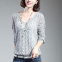 New V-Neck Long-Sleeved Sweater Women Loose Twist Hollow Bat Sleeve Jacket