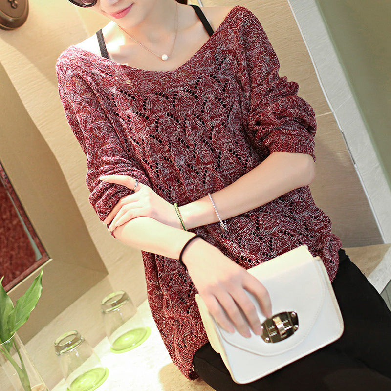 New V-Neck Long-Sleeved Sweater Women Loose Twist Hollow Bat Sleeve Jacket