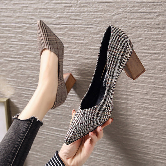 High Heeled Shoes Women New French Girls' Workplace Shoes Lattice Thick Heeled Pointed British Style Single Shoes Fashion