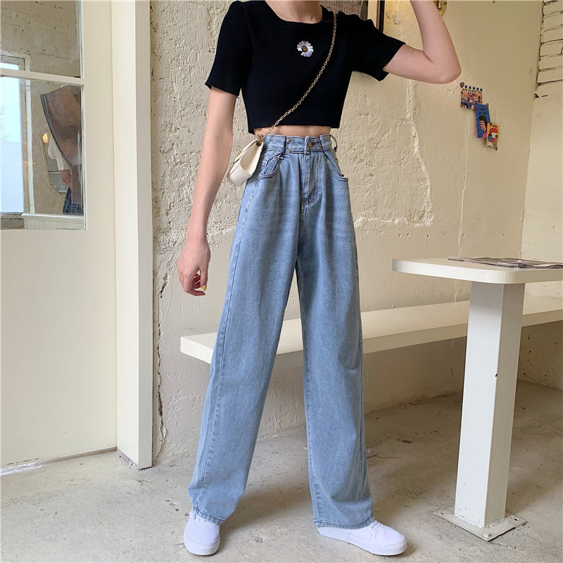 Women's High Waist Jeans Straight Drape Wide-leg Pants