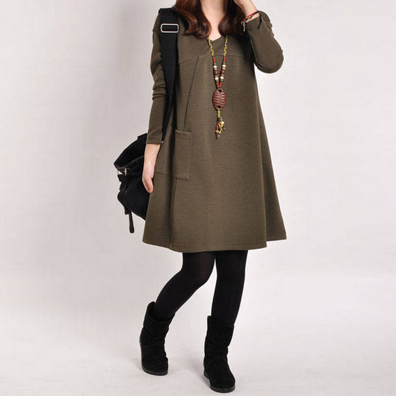 Pure color literary long sleeve dress