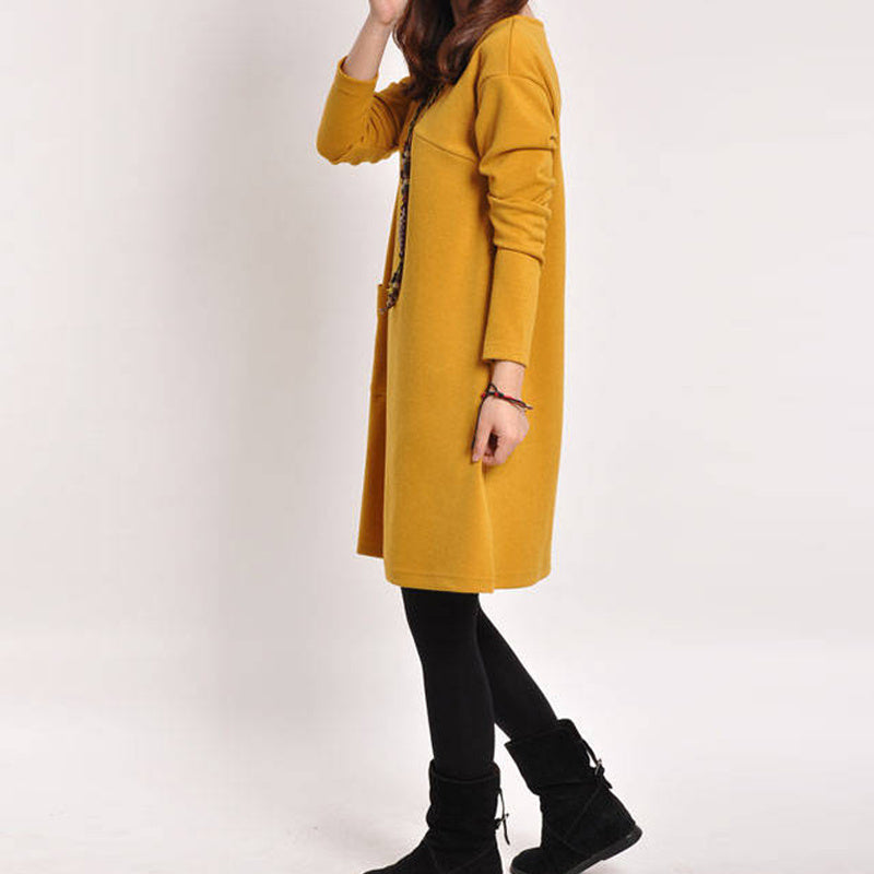 Pure color literary long sleeve dress