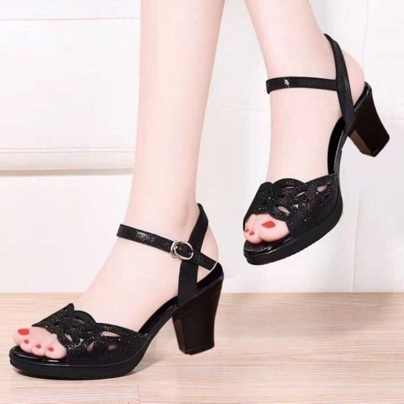 Mid-heel Fish Mouth Soft Sole Mother Shoes Rhinestone High Heels