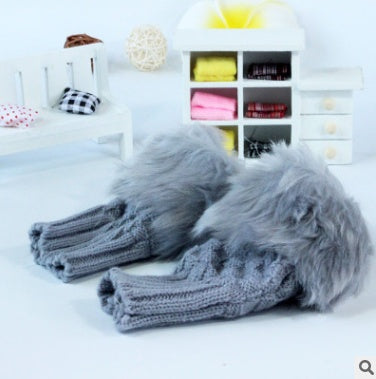 Autumn and winter warm thickening ladies gloves Korean rabbit hair cute half finger gloves wool knit gloves