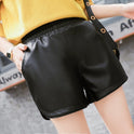 Pu leather pants thin velvet elastic high waist casual wide leg pants