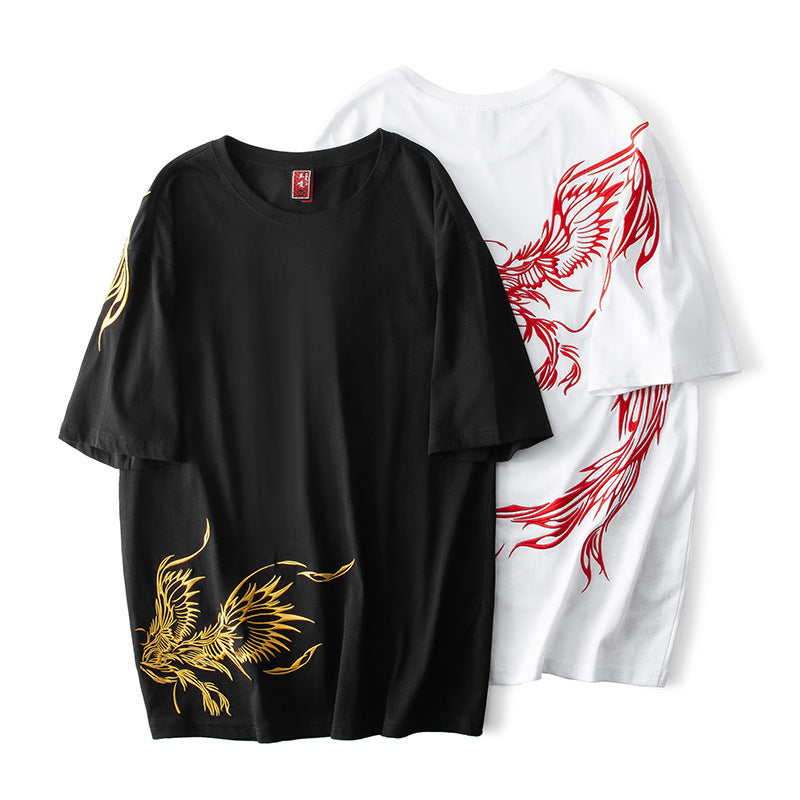 Embroidered Phoenix Individual Short-sleeved T-shirt National Fashion Hip Hop Men's Casual Clothes