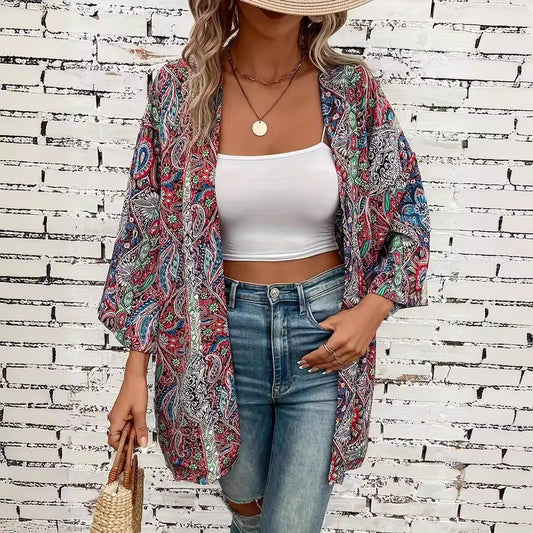 Ethnic Print Round Neck Shirt Bohemian Holiday Long Sleeve Shirt