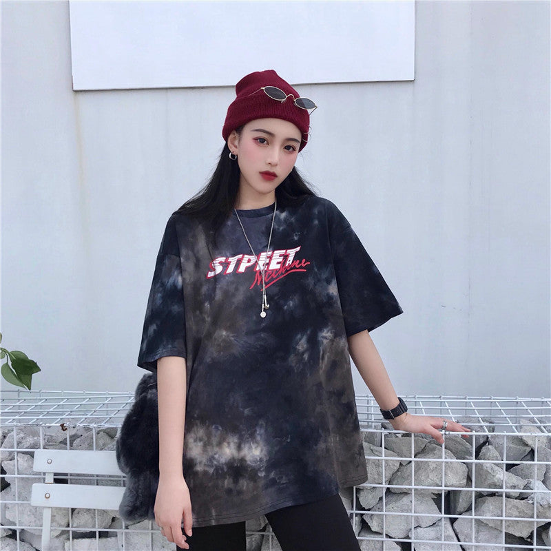 Loose Harajuku style tie-dye bf top summer