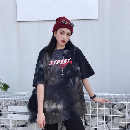 Loose Harajuku style tie-dye bf top summer