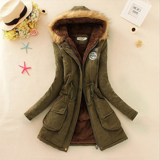 Long Women's Cotton-Padded Jacket With Wool Collar