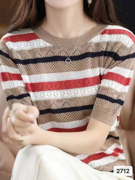 Color Matching Hollow Out Half Sleeve Loose Striped Top