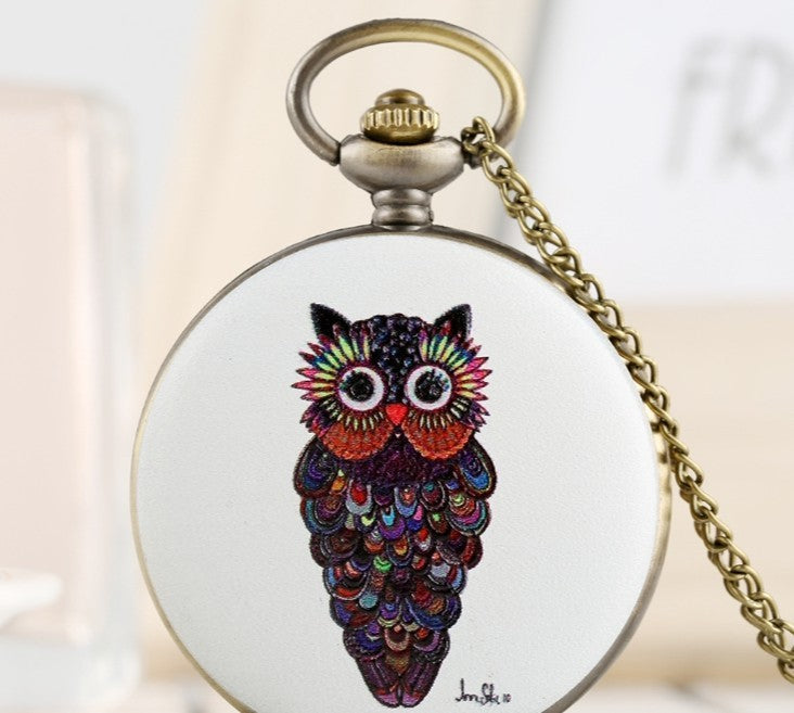 Flip Cartoon Owl Pattern Pocket Watch Cute Student's