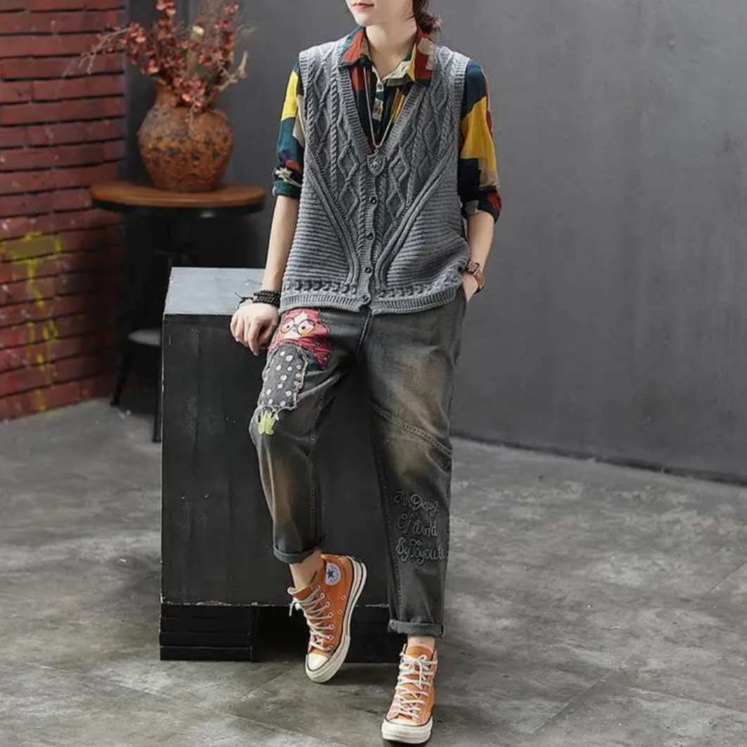 Korean Style Loose V-neck Pullover Vest Sleeveless Waistcoat Knitted Vest Tide