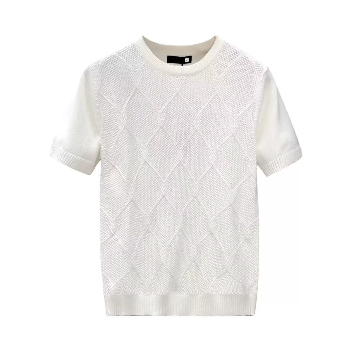 Diamond Lattice White Sweater With Short Sleeves Men's Slim Bottoming Shirt