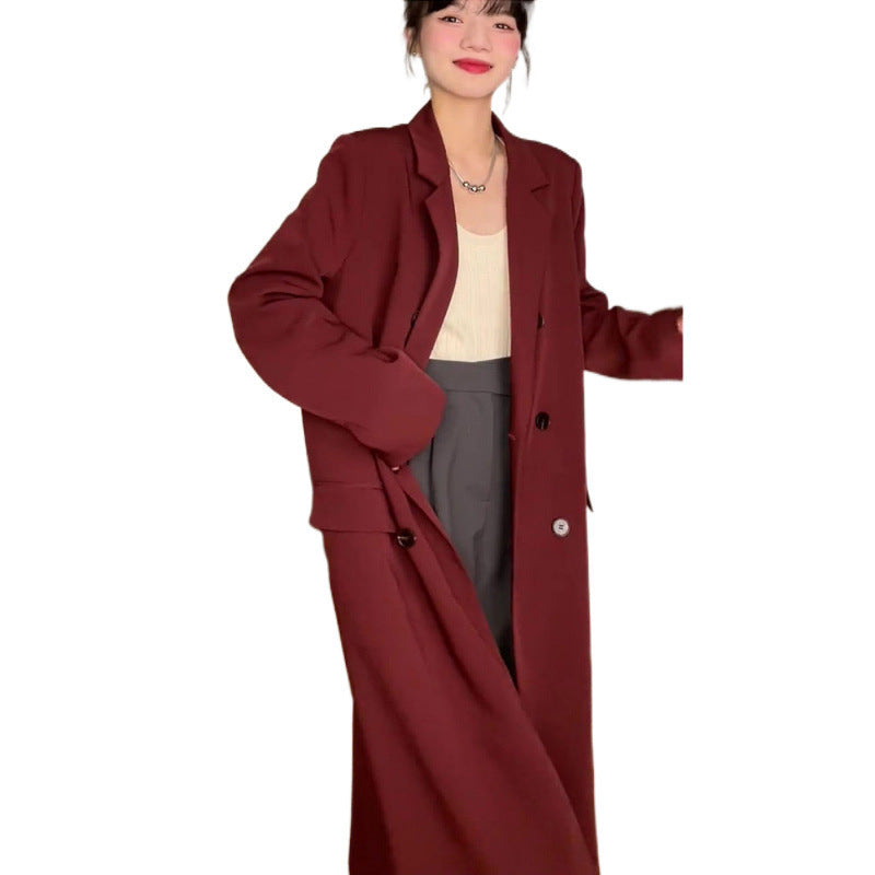 High-grade Red Mid-length Suit Woolen Coat For Women