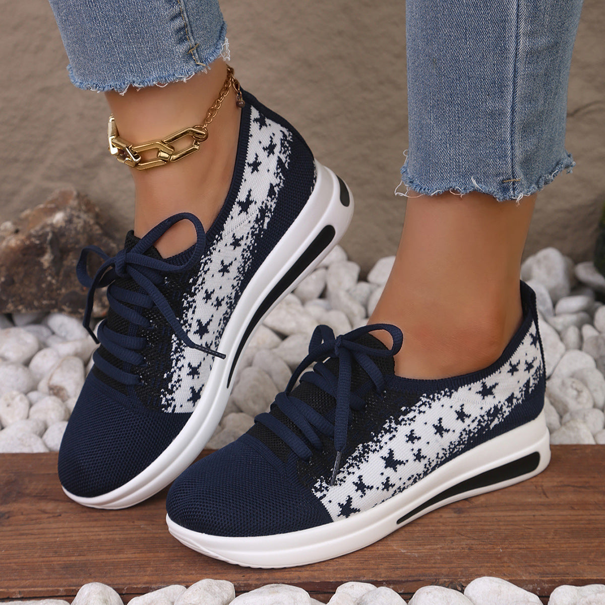 Fashion Lace-up Mesh Sneakers With Stars-printed Design Casual Thick Bottom Round Toe Flat Shoes For Women Non-slip Running Walking Sports Shoes