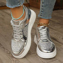 Fashion Lace-up Flat Shoes With Sequin Design Casual Sports Thick Bottom Round Toe Shoes For Women Non-slip Walking Sneakers