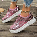 Fashion Lace-up Flat Shoes With Sequin Design Casual Sports Thick Bottom Round Toe Shoes For Women Non-slip Walking Sneakers