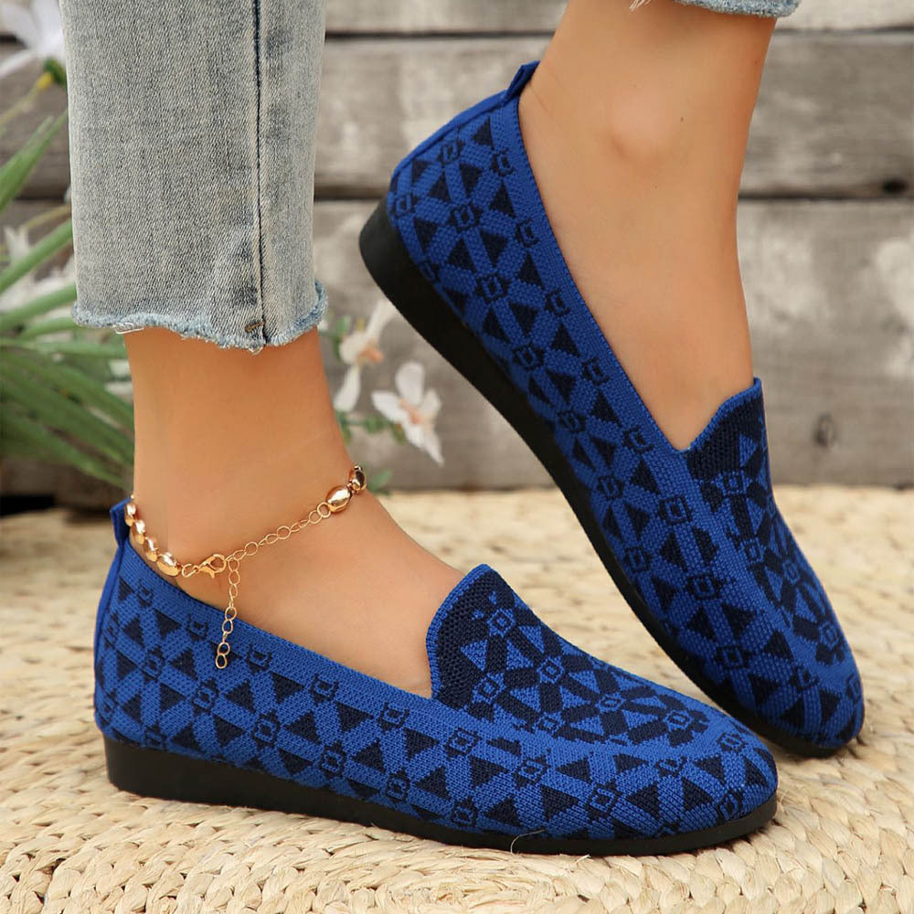 Printed Round Toe Flat Shoes Fashion Casual Hollow Breathable Knitted Shoes Loafers For Women