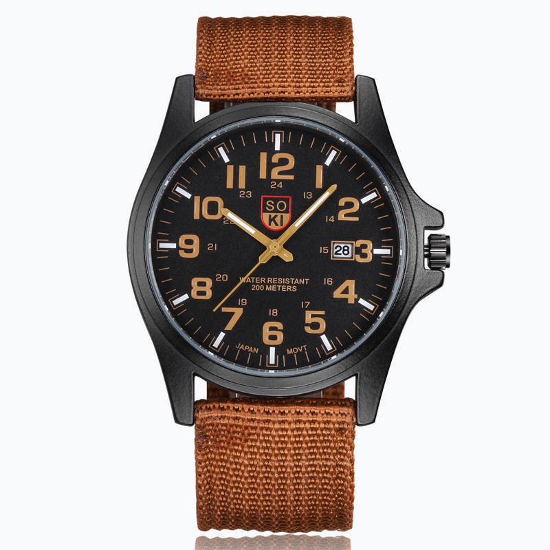 Men's calendar sports quartz watch with braided nylon strap