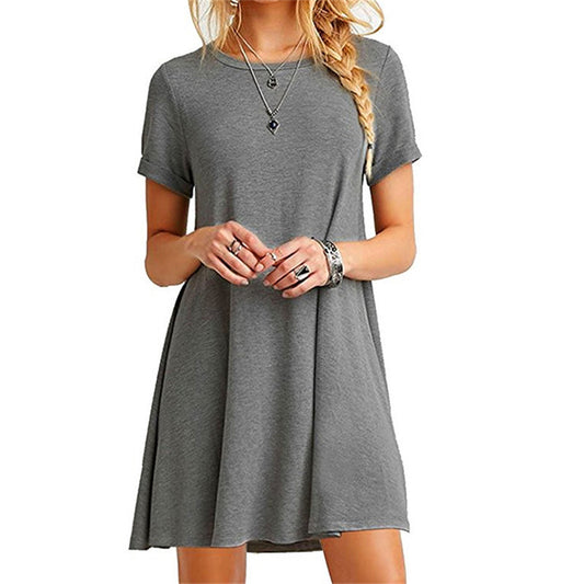 Summer short sleeve loose plus size solid color dress